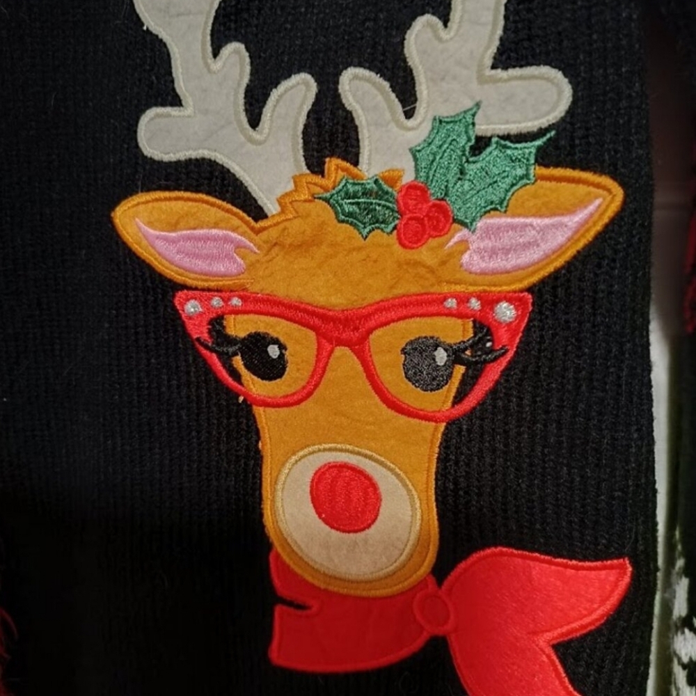 XL🎅Christmas Ugly Charming Reindeer Black & Red Cardigan Sweater - Picture 4 of 7